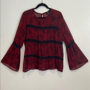 GNW Womens Floral Lace Blouse Flare Sleeve Sheer Chiffon Top Shirt Size Medium